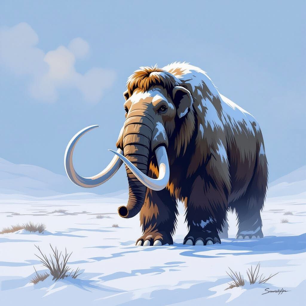 Woolly Mammoth Roaming Snowy Tundra, Ethereal Lighting