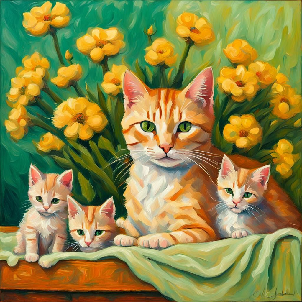 Yellow Tabby Cat and Kittens: Neo-Impressionist Oil Painting