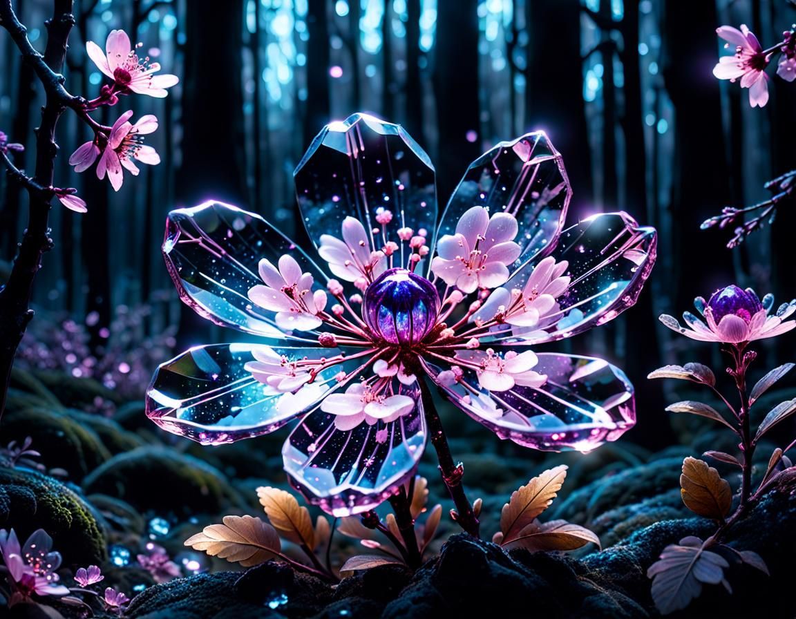 Bioluminescent Crystal Sakura Blossom in Dark Forest