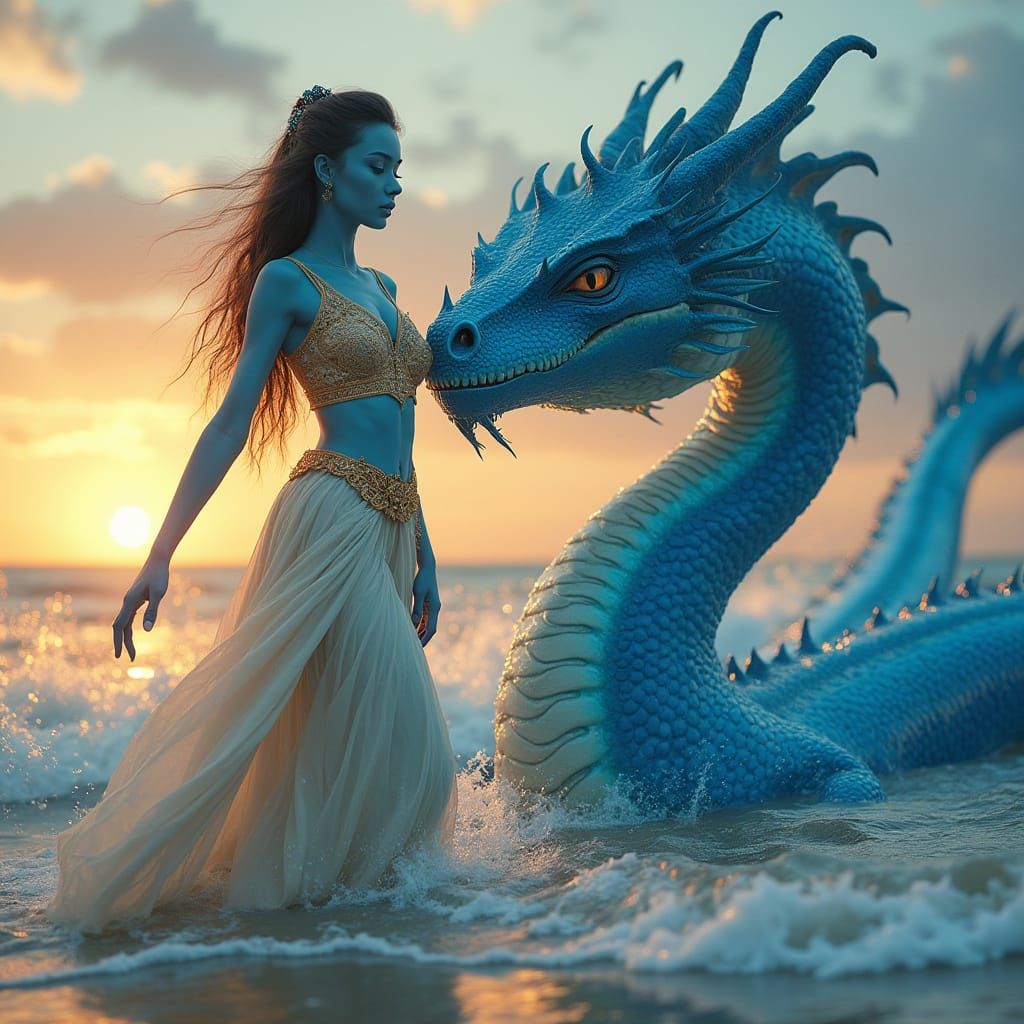Blue Woman and Dragon at Sunset in Cinematic Style