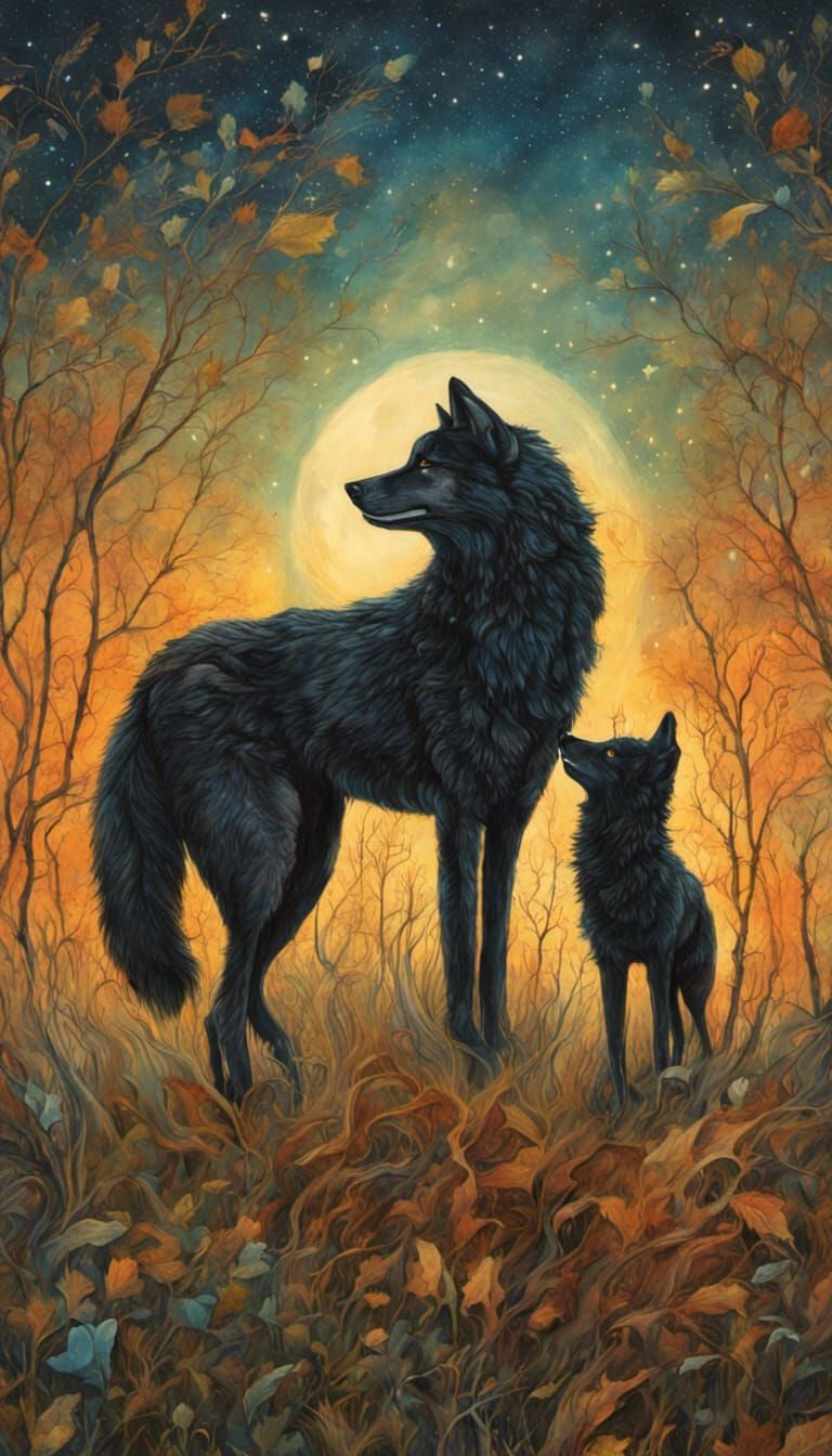 Wolf and Cub Under Starry Twilight Sky