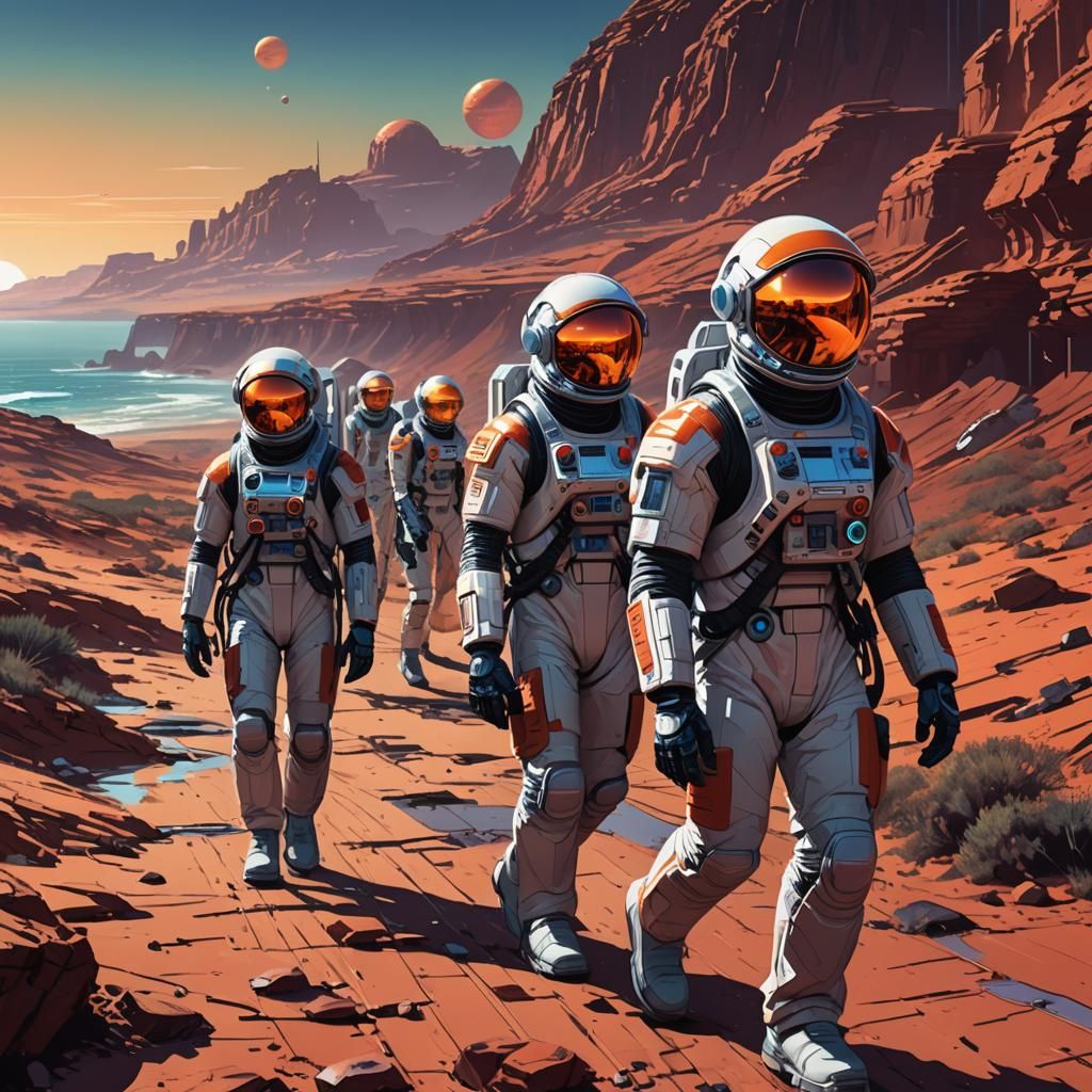 Futuristic Mars Town Coastline in Graphic Novel Art