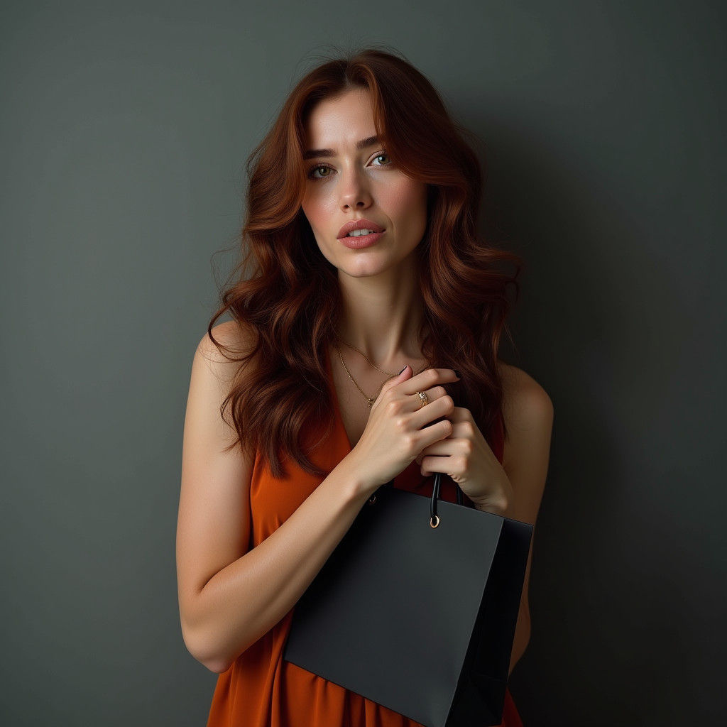 Auburn-Haired Woman with Shopping Bag, Hyperrealistic Style