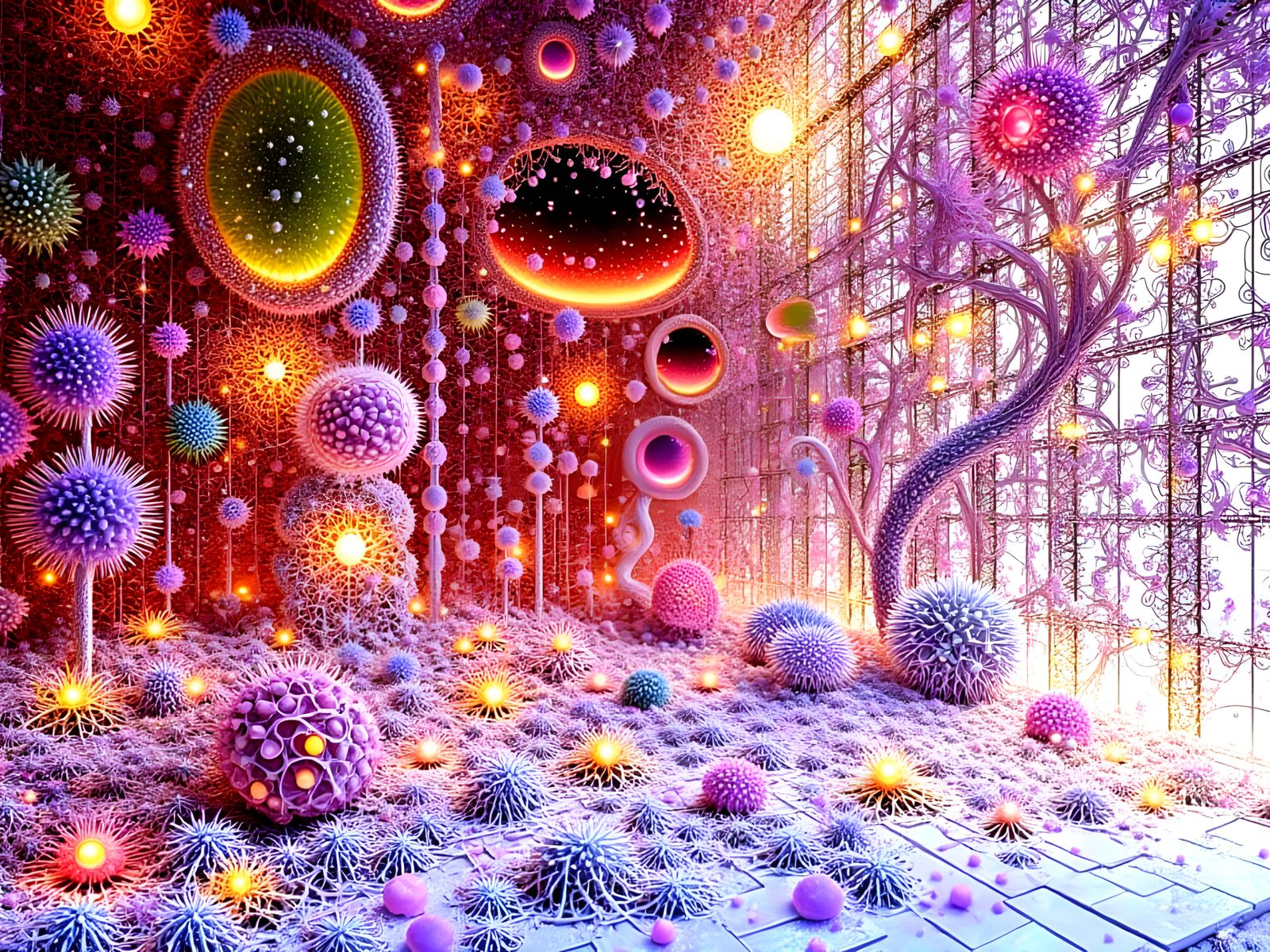 Intricate Botanical Grid Display with Curlicue Tendrils