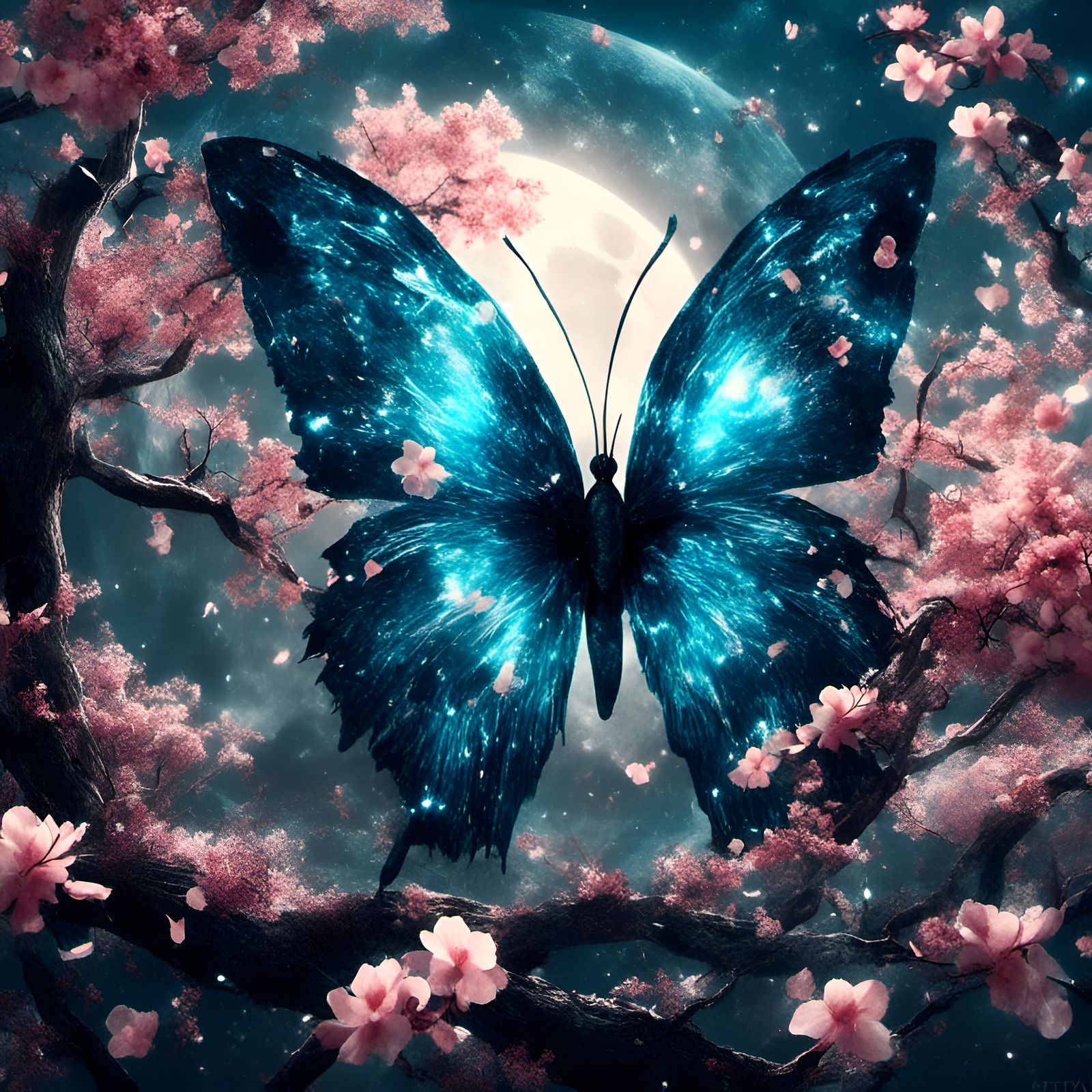 "<lora:SurDime:1.0> (an epic extremely detailed a blue crystal butterfly buttering in a cherry blossom garden:1.3), 16k ...