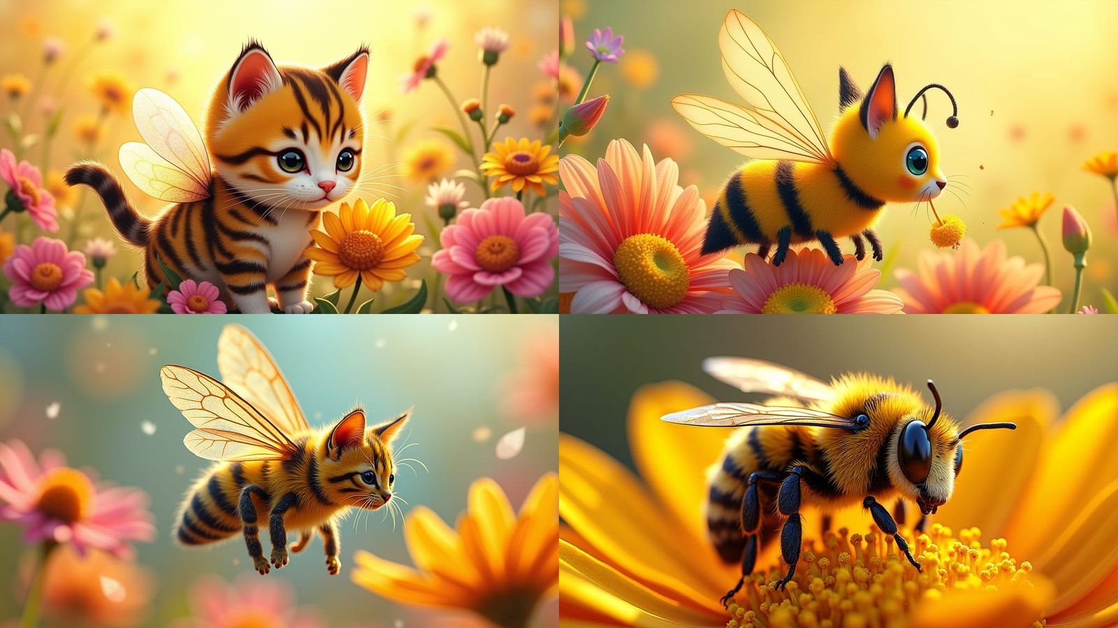 Adorable Cat-Bee Hybrid Pollinating Flowers