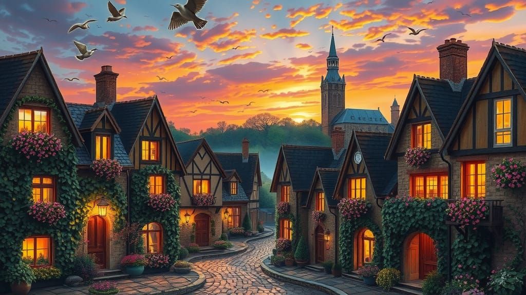 Twilight Enchants European Village in Whimsical Oil Painting