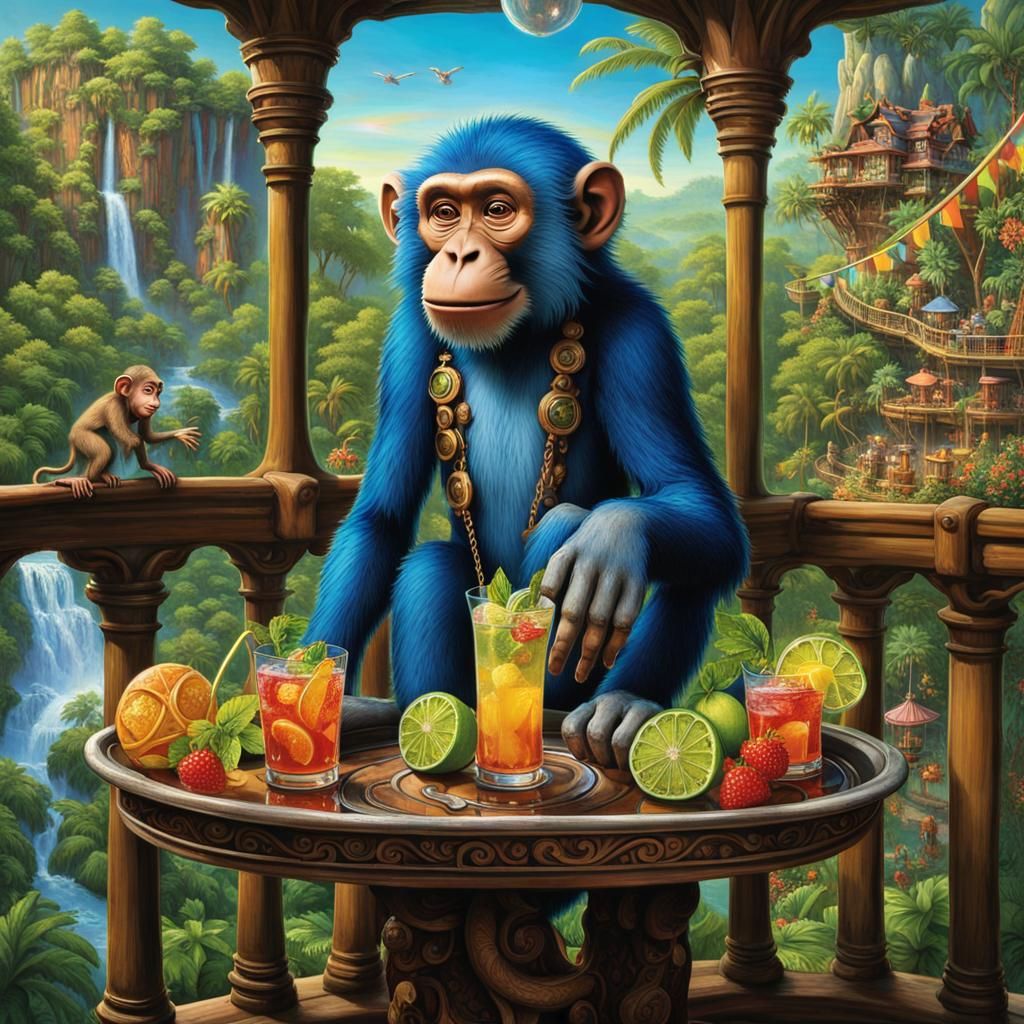 Monkey Bartender in Tropical Paradise, Hyperdetailed Art