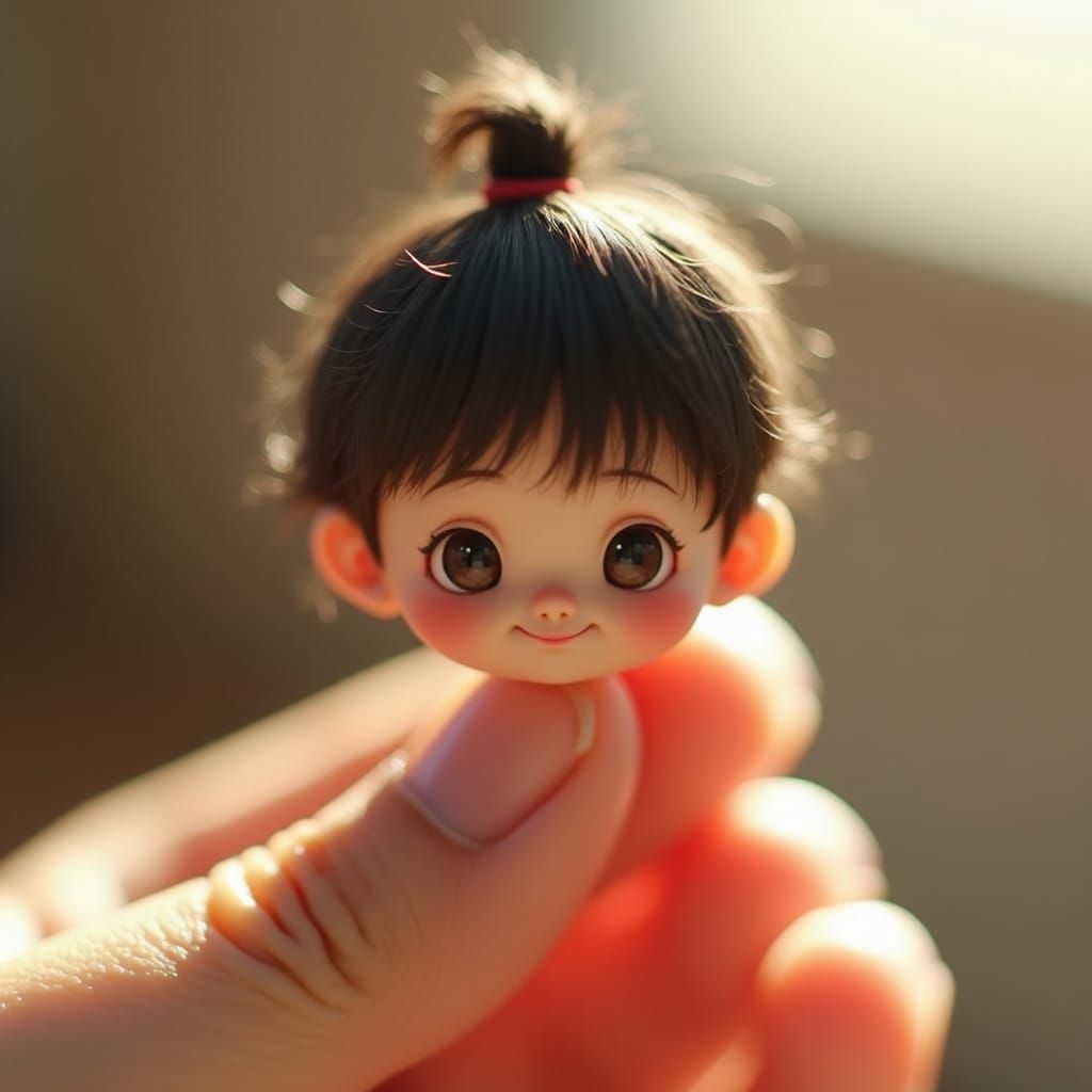 Miniature Japanese Child on Fingertips: Hyperrealistic Fanta...