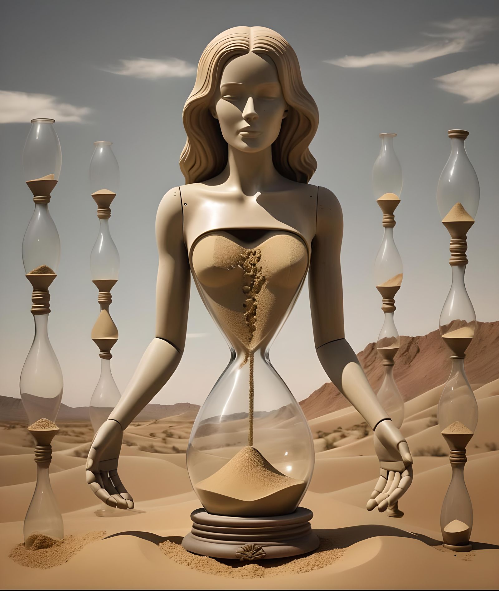 Surreal Hourglass Sand Mannequin in Desert