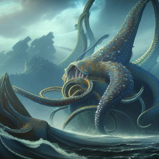 Detailed Kraken Matte Painting in Deep Color