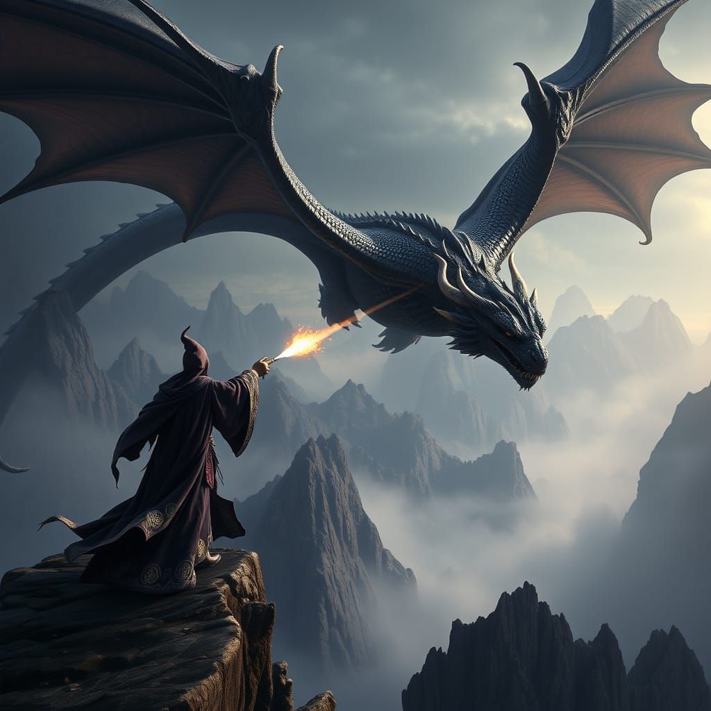 Dragon Engages Wizard in Epic Dark Fantasy Battle