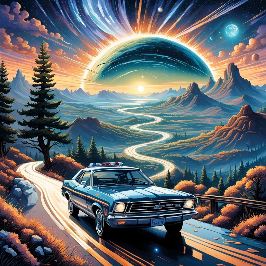 Retro Car on Martian Road, Maximalist Digital Art