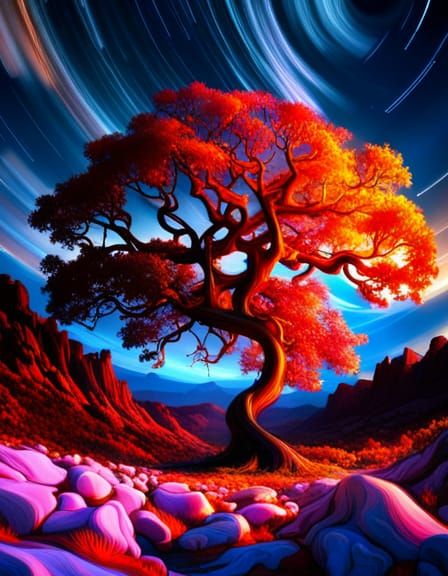 Autumn Starscape with Twisting Tree in Fantasy Art