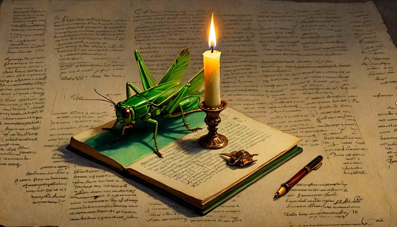 Grasshopper on Letter by Candlelight, Mixed Media