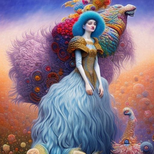 Princess and Fluffy Monster in Surreal Storybook Style