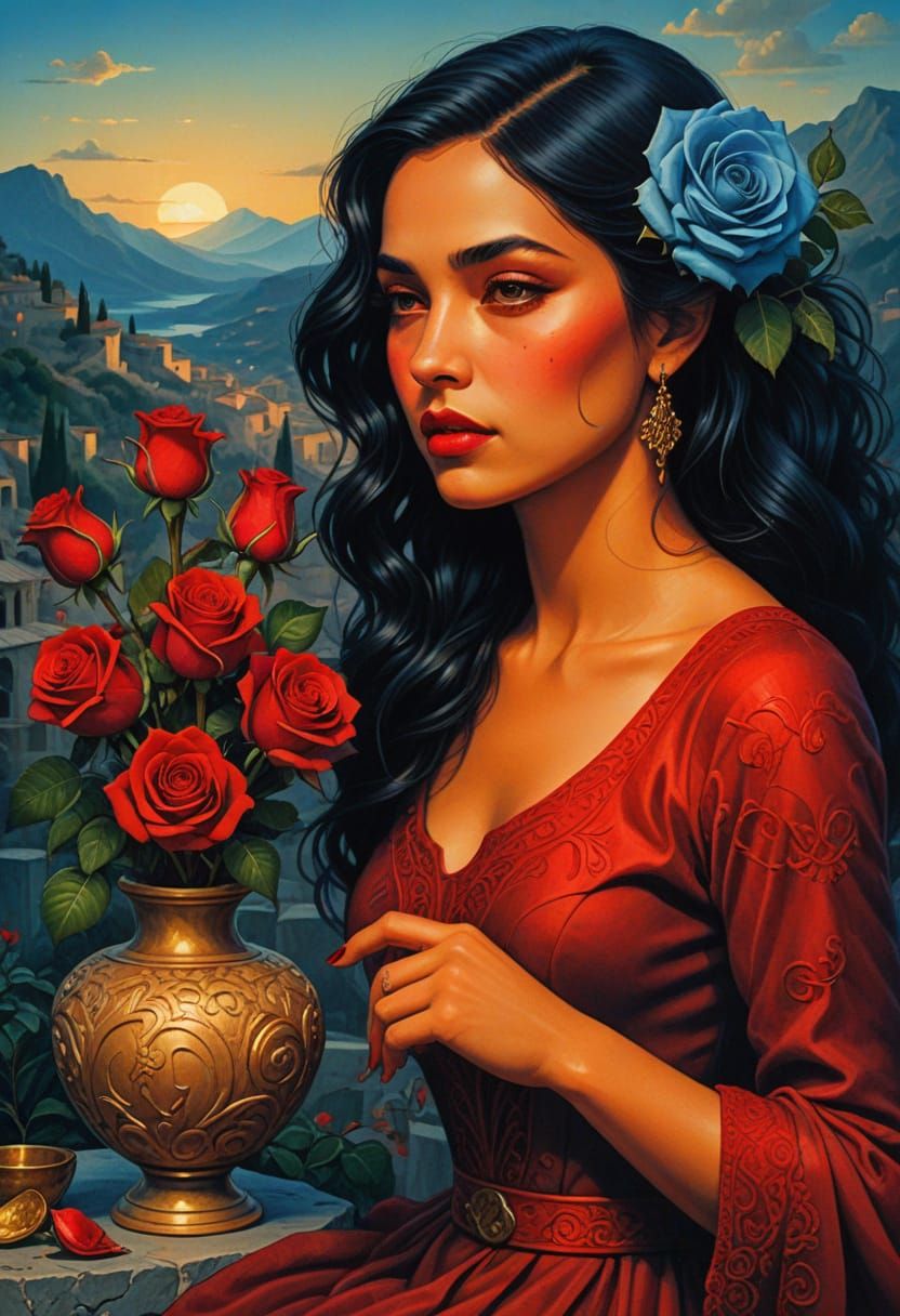 Gypsy Girl with Roses in Enchanted Flamenco Style