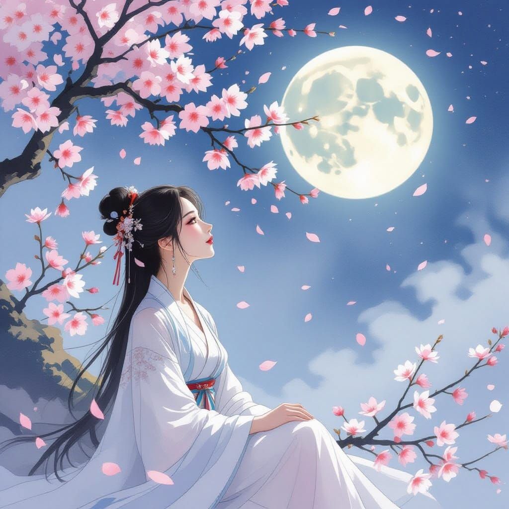 Woman in Serene Springtime Moonlit Scene