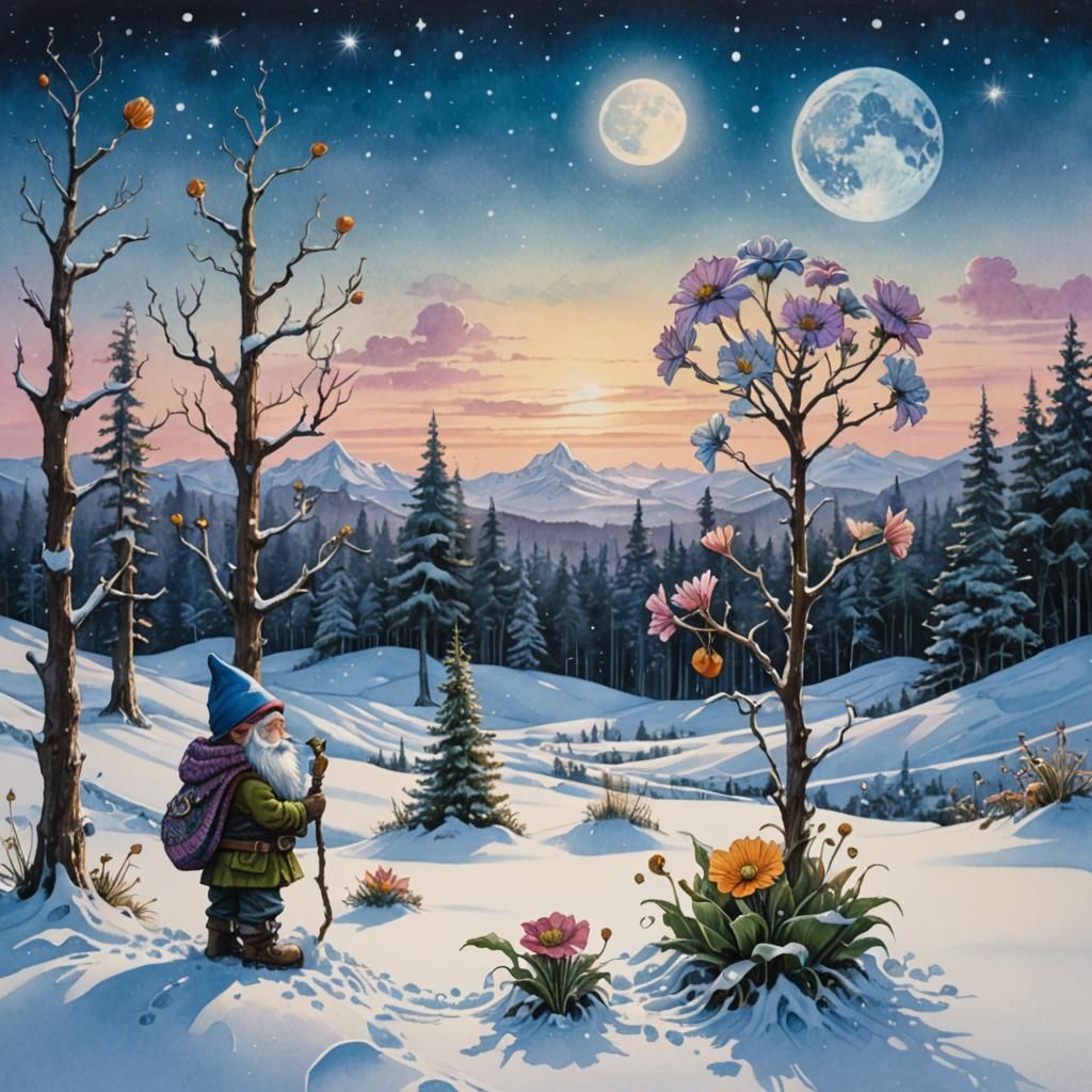 Gnome Wraps Winter Flower in Steampunk Style