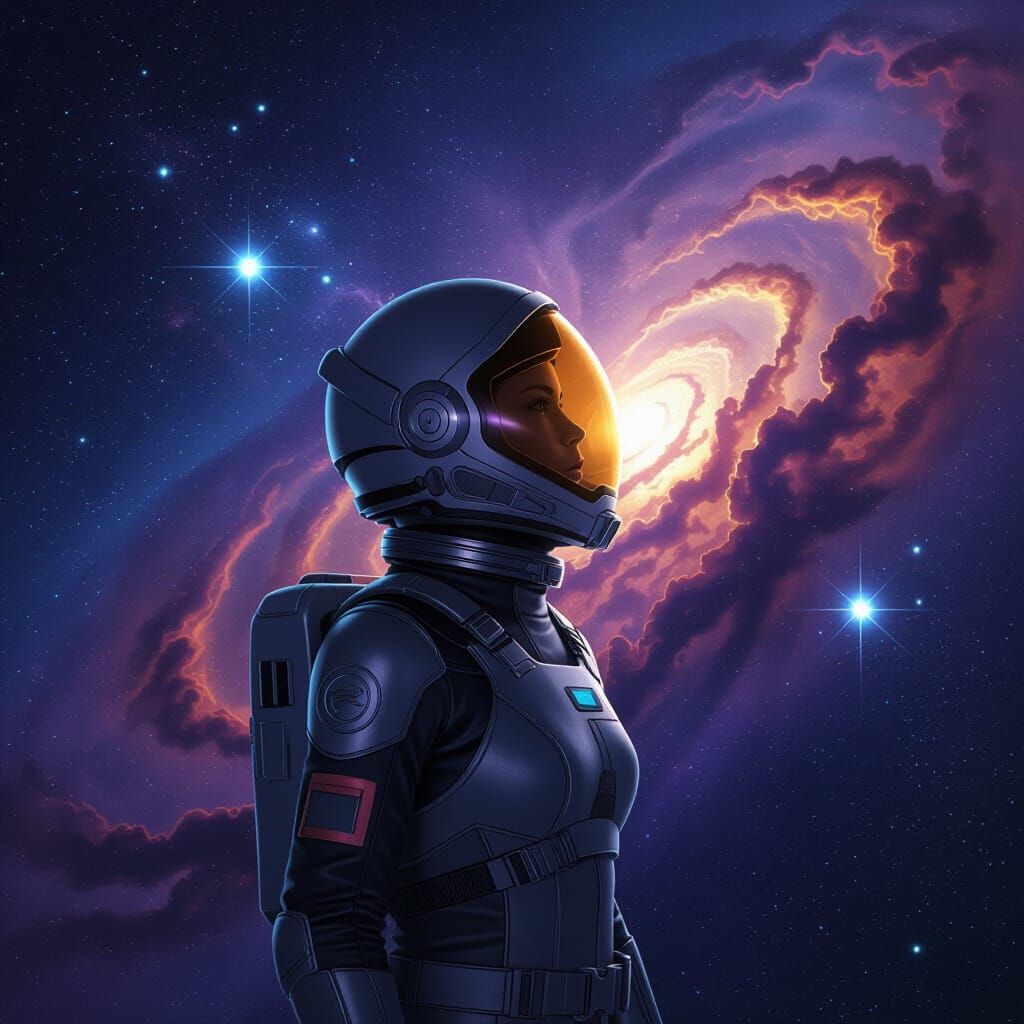 Astronaut Gazes at Cosmic Nebula in Digital Matte Painting S...