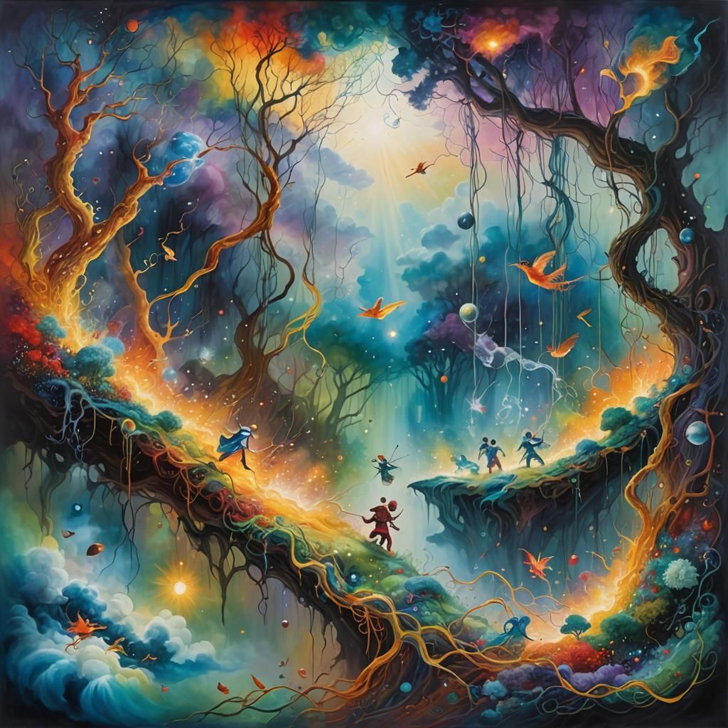 Surreal Dreamscape: Beings Weaving Time, as Oil Painting