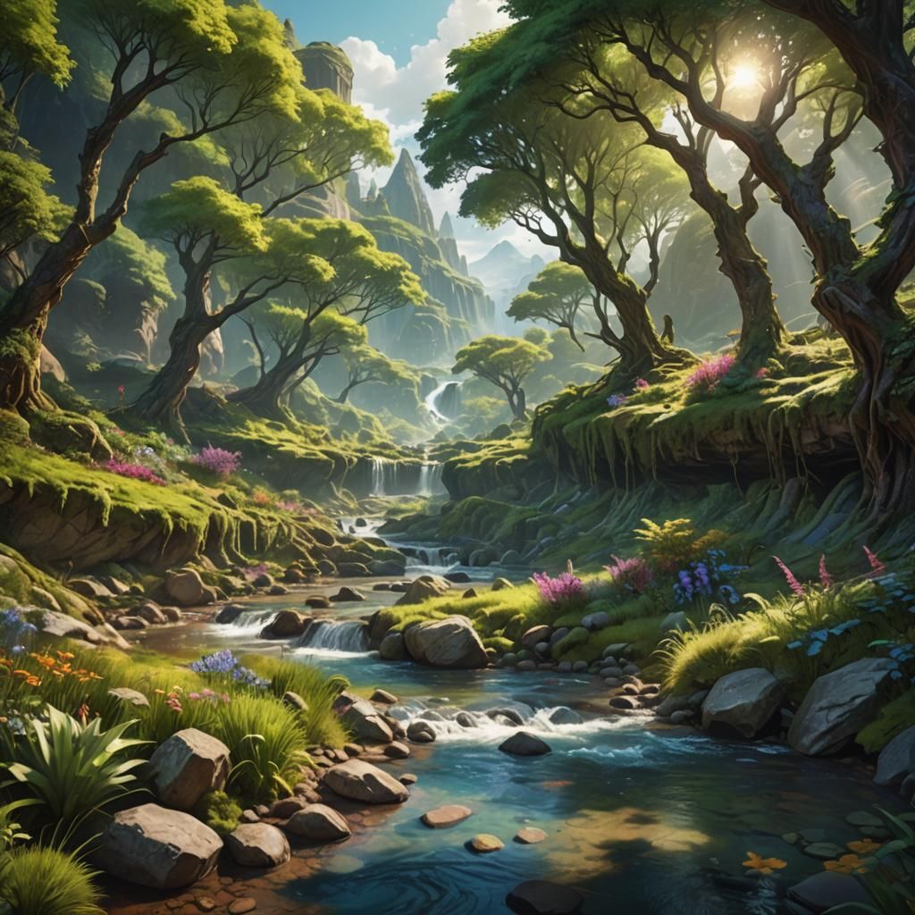 Lush Fantasy Landscape Under Harsh Midday Sun