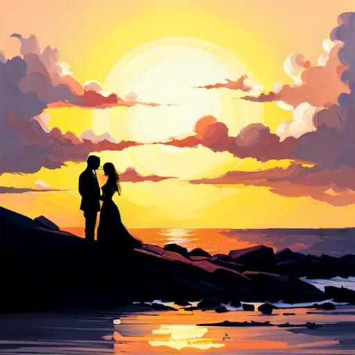 Romantic Sunset Silhouette: Majestic Oil Painting