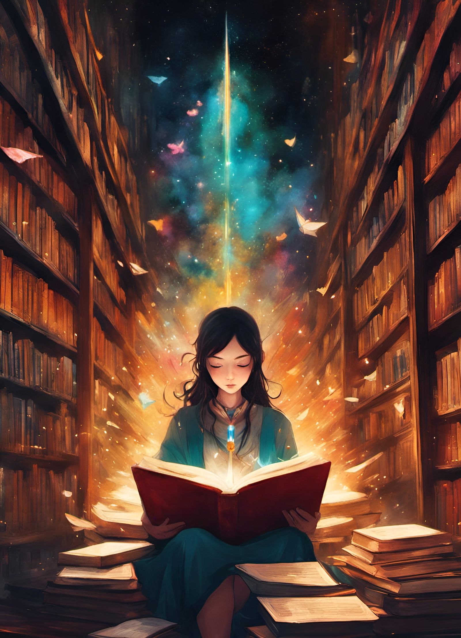 Anime Goddess of Books in Watercolor Style