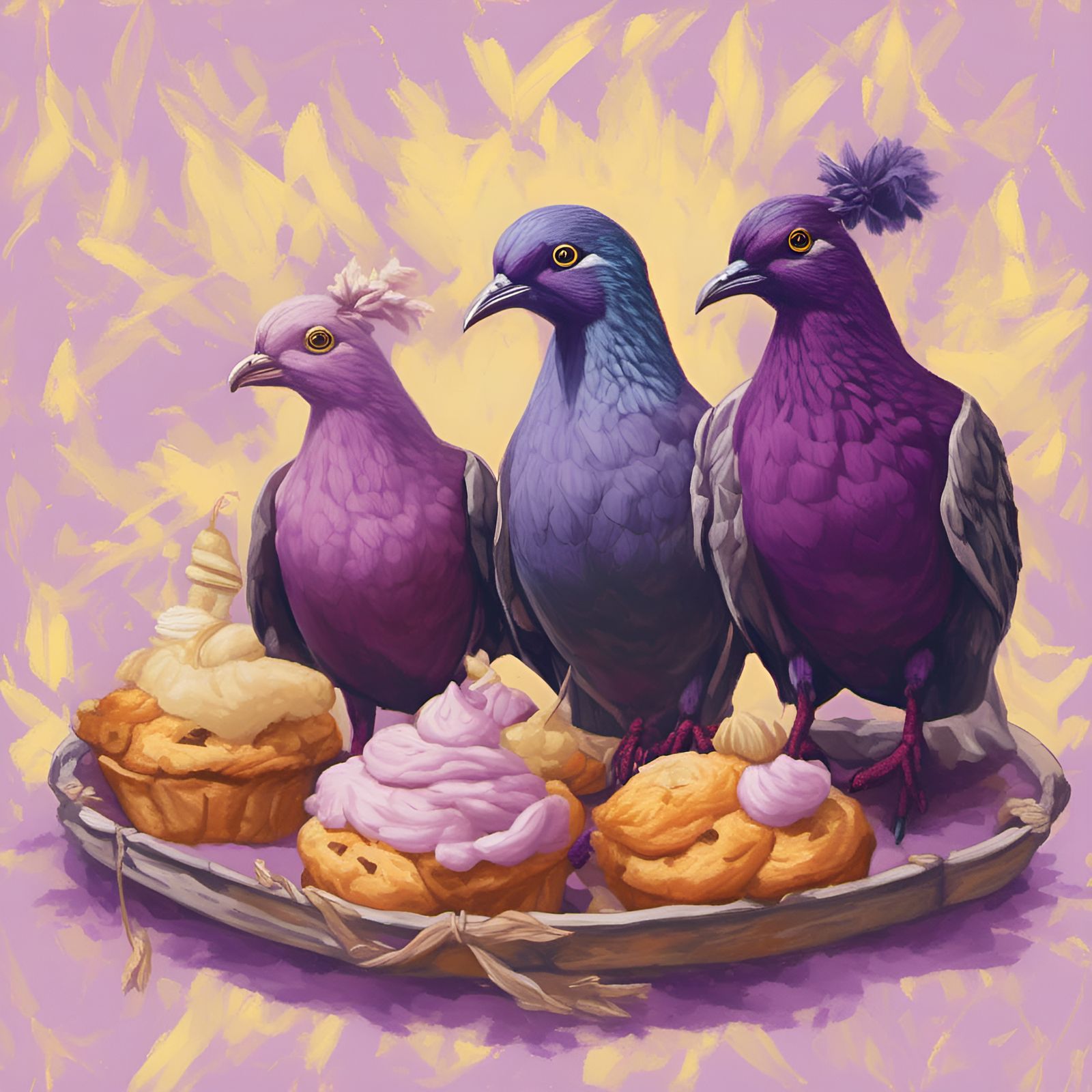 Purple Pigeons Pecking Pastries in Playful Portrait