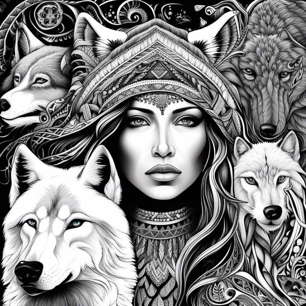 Native American Woman with Wolves in Snowy Jungle