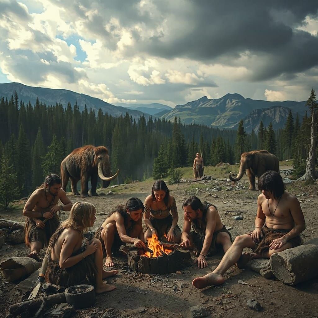 Stone Age Humans in Primeval Forest Camp