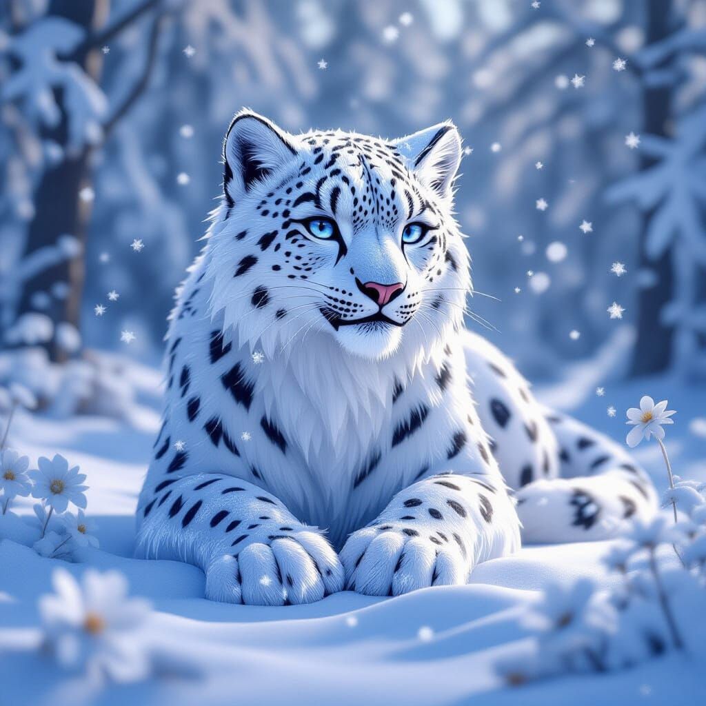 Icy Snow Leopard Sculpture in Winter Wonderland