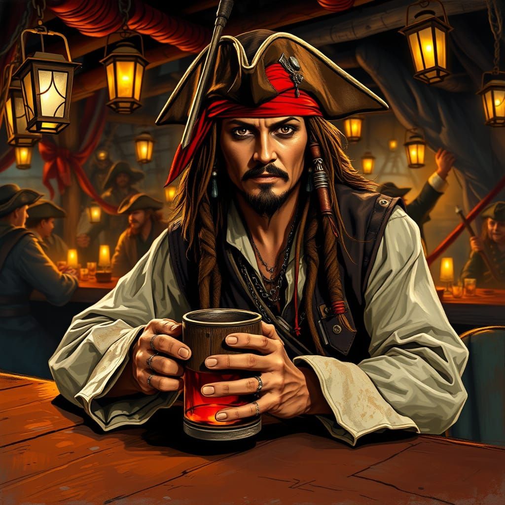 Swashbuckling Pirate Sips Rum in Gritty Tortuga Tavern