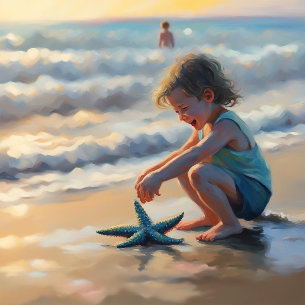 Child's Joyful Discovery on the Beach: Neo-Impressionist Oil...