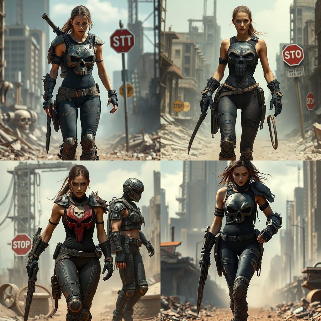 Cyberpunk Warrior Strides Through Ruined Cityscape