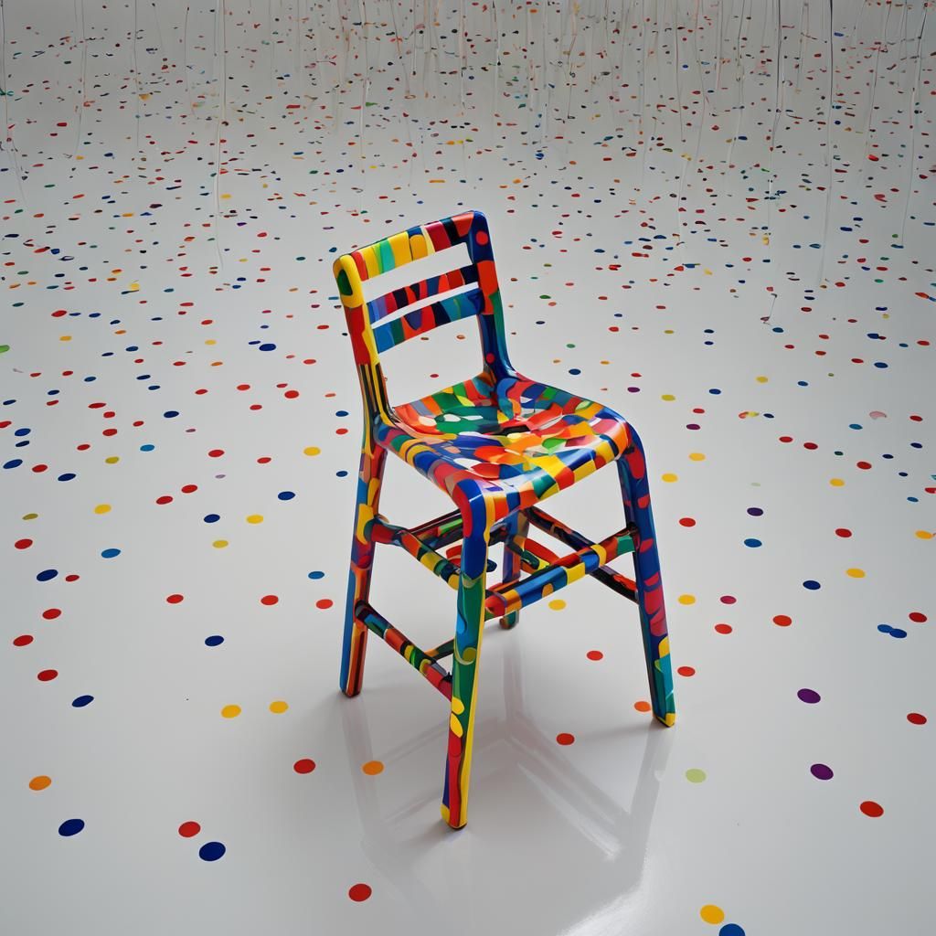 Art by Yayoi Kusama, minimalist design, a chair made of rainbow ribbons, sleek and modern, set against a stark white bac...