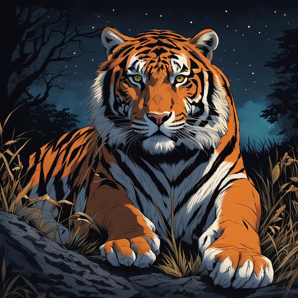 Tiger Stalks Prey in the Night
