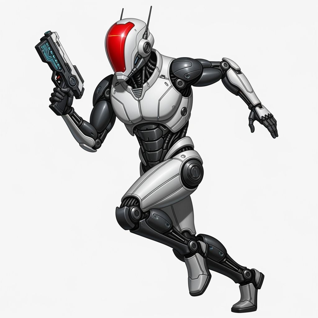 Cyberpunk Robot in White Exosuit Running