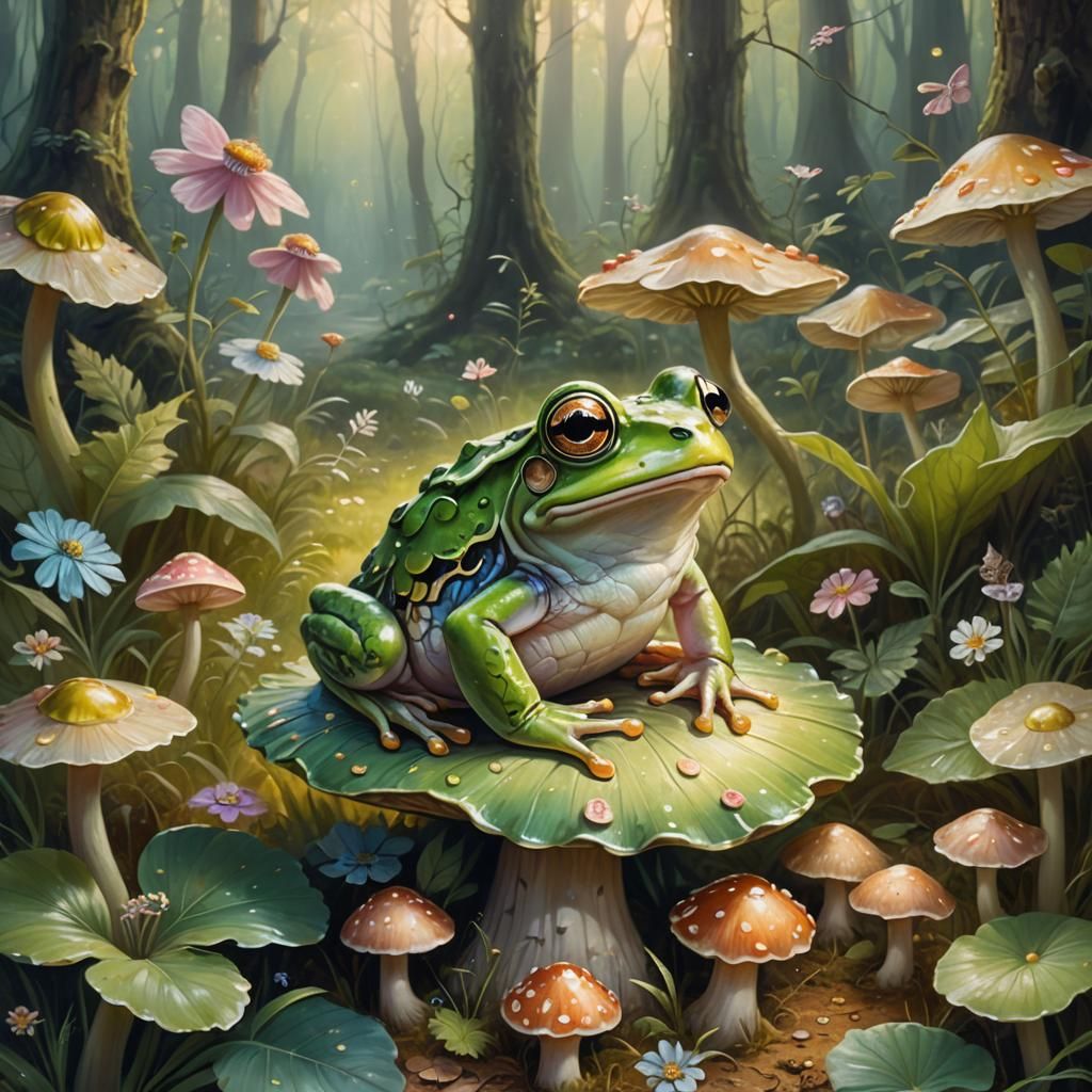 Frog with Fairy Wings in Warm Forest, Fantasy Art