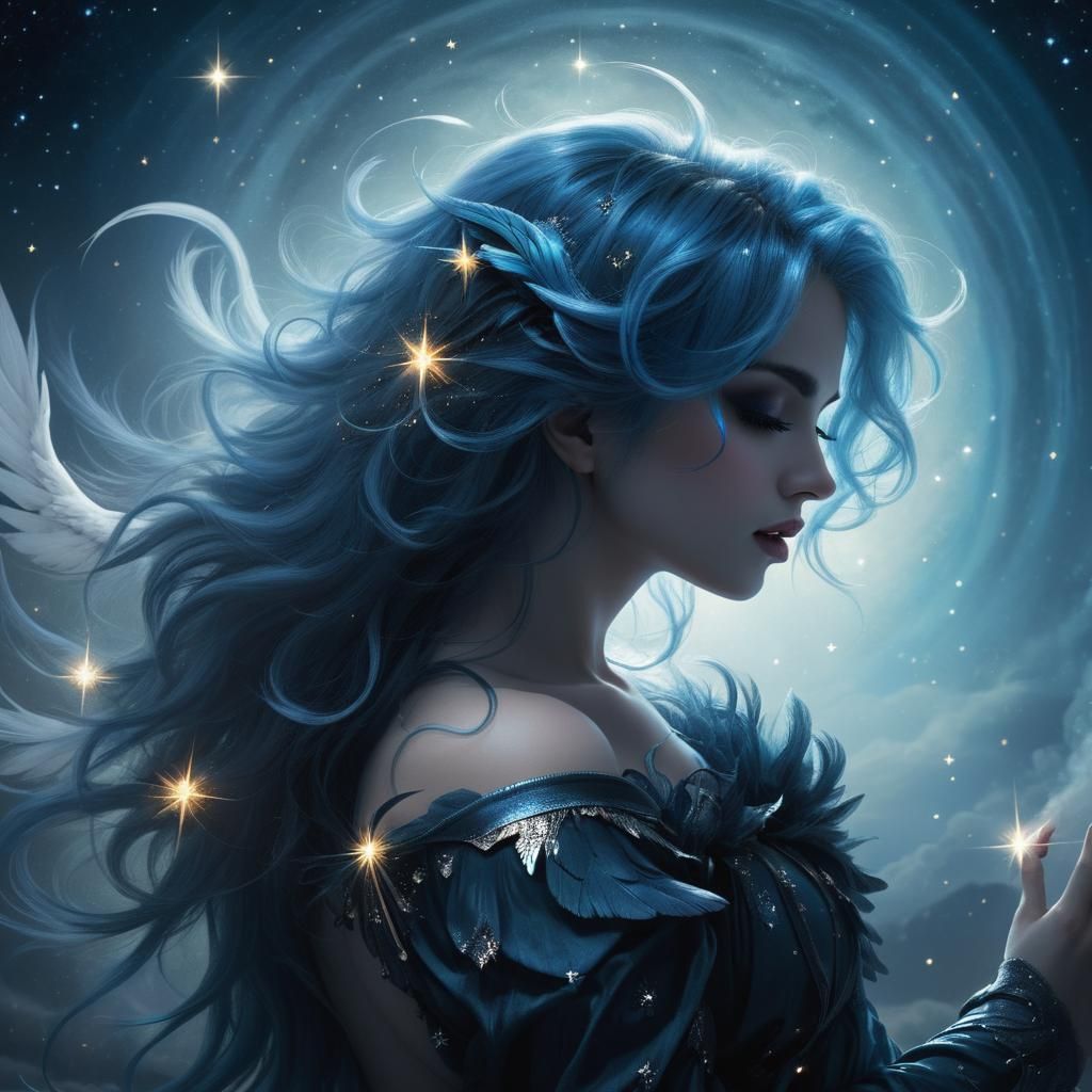 Celestial Fallen Angel in Majestic Blue Hair