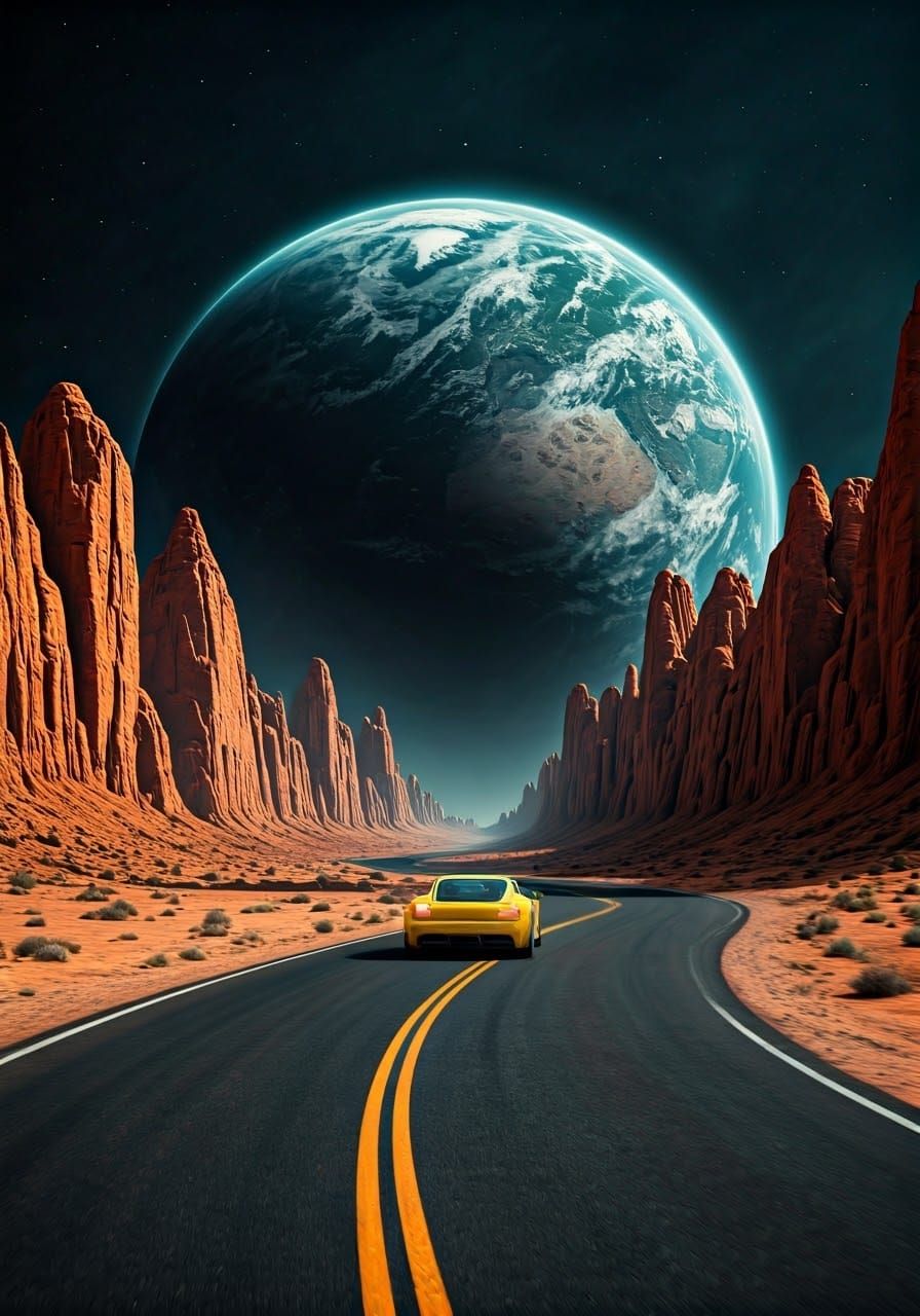 Cosmic Road in Surrealist Desert Landscape