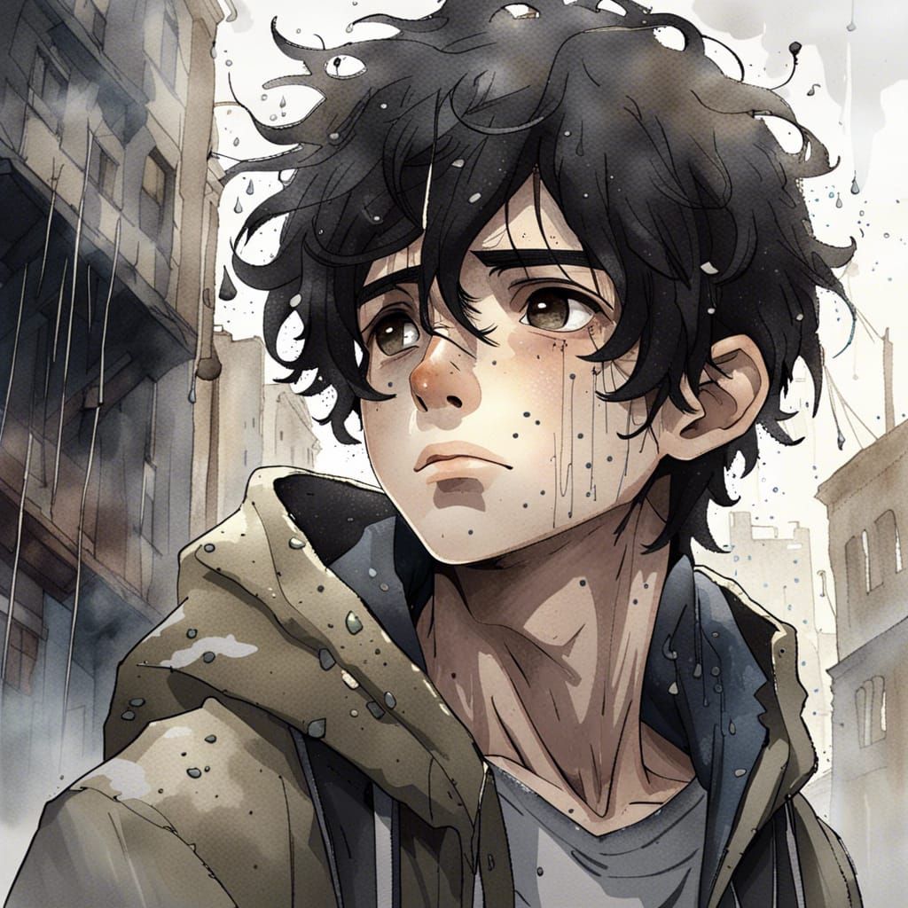 Boy in Ruined City, Watercolor Fantasy Art