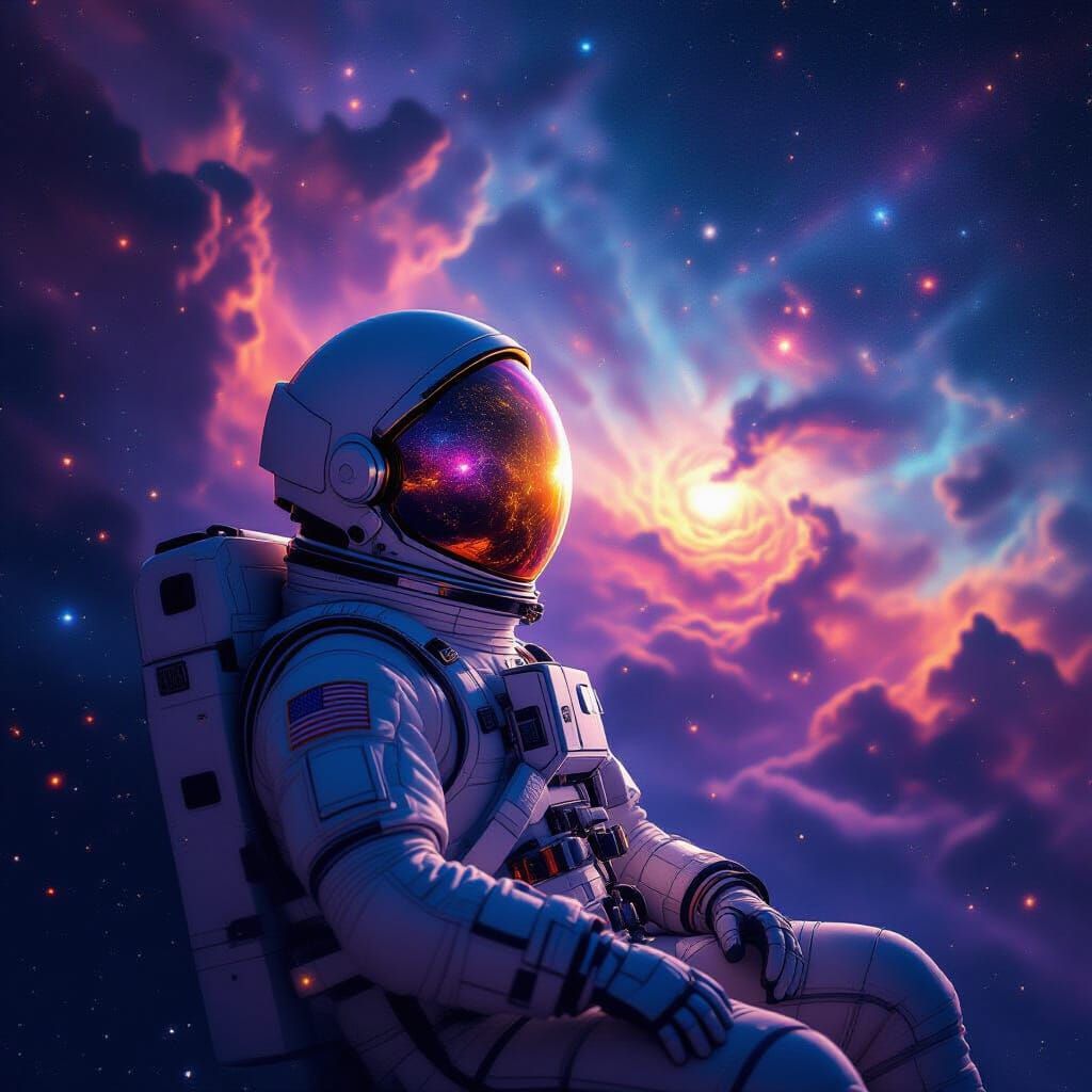 Astronaut Adrift in Cosmic Nebula Reflecting Galaxy