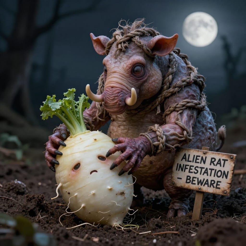 Disfigured Rat Attacks Turnip in Spooky Moonlight