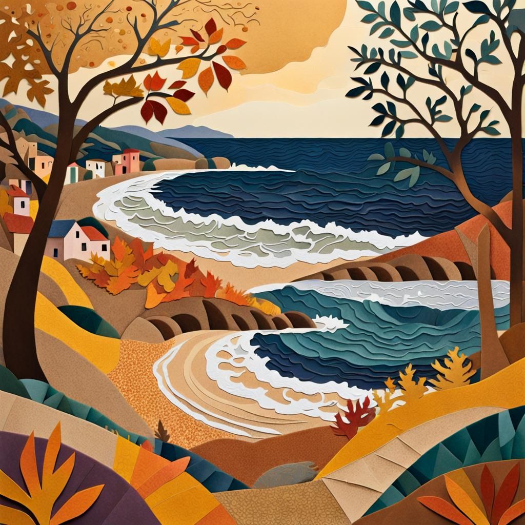 Autumn Seaside Paper Collage in Klimt Style