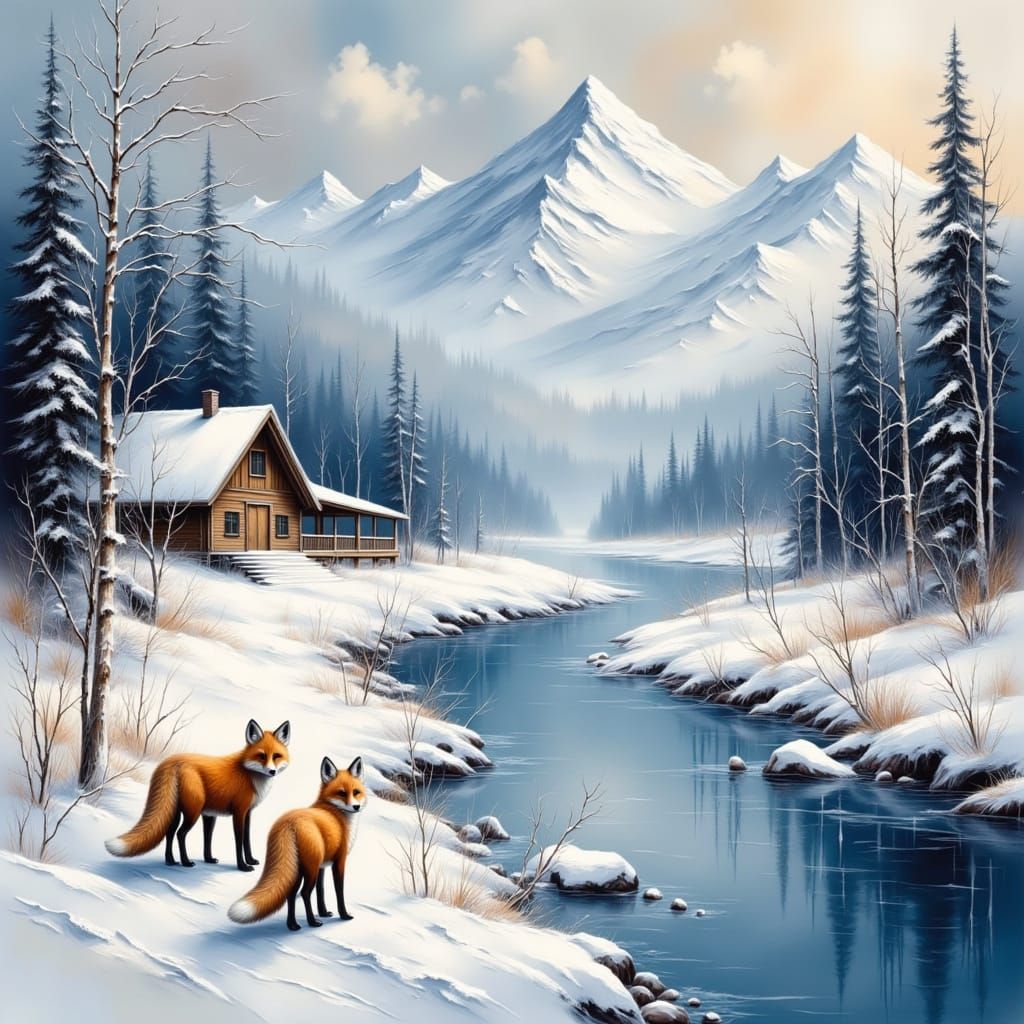 Arctic Foxes by Winter River in Bob Ross Style