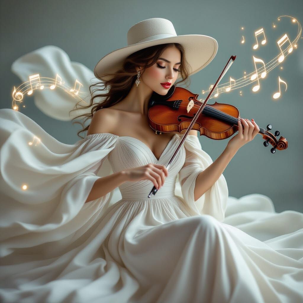 Ethereal Woman Playing Violin with Musical Notes