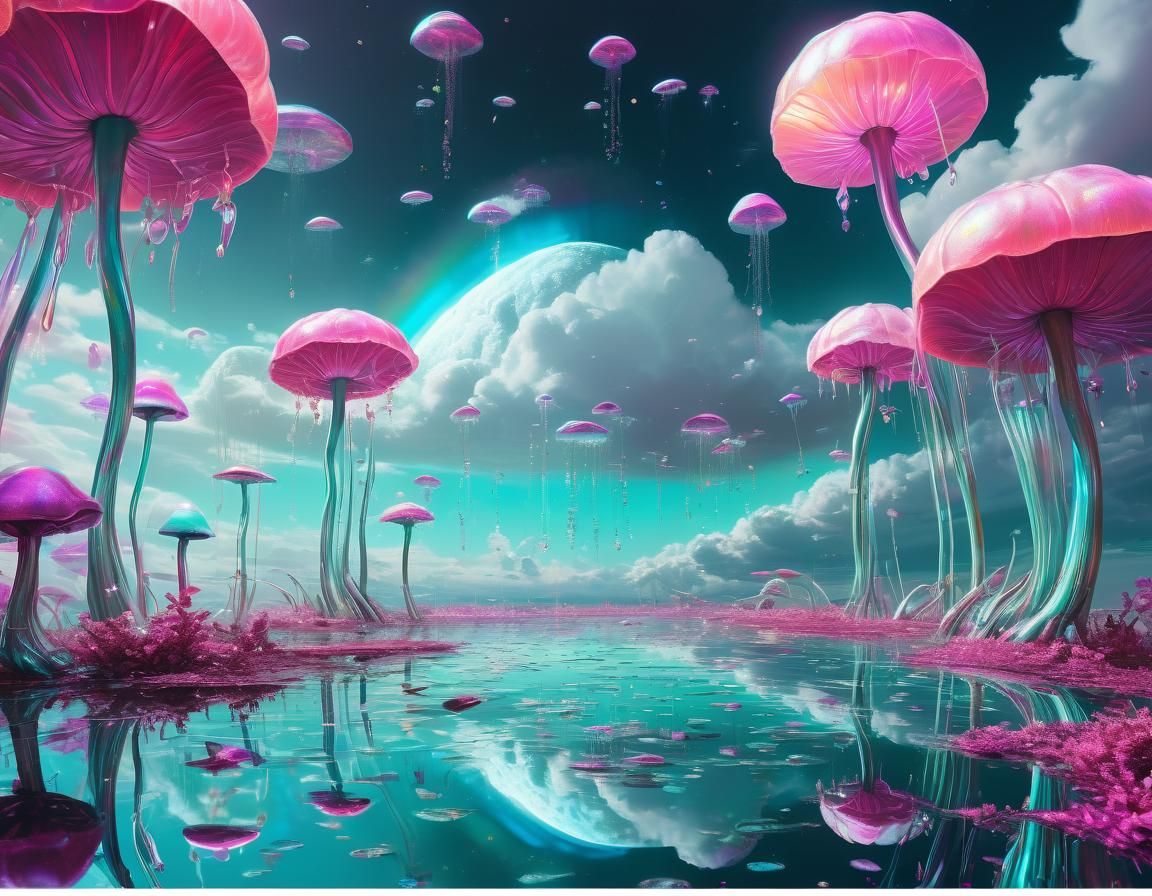 Bioluminescent Alien Garden with Pastel Rainbow