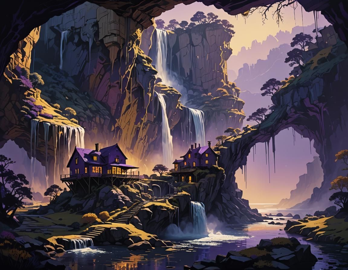 Dreamlike Cliffside House Architecture in Golden Sunlight