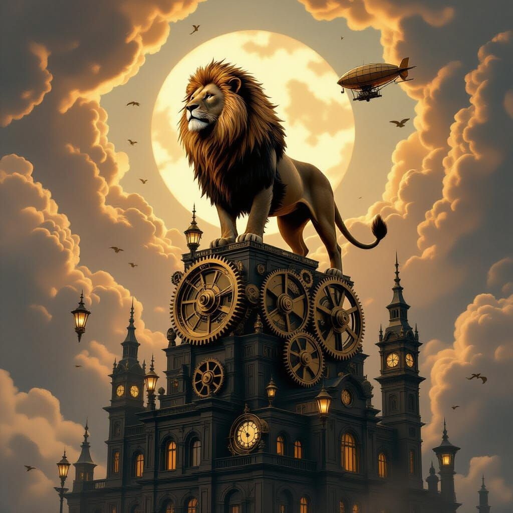 Brass Clockwork Lion in Steampunk Cityscape